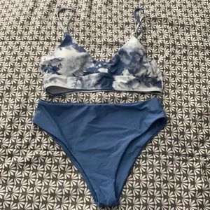 blue and white two piece bathing swim suit
